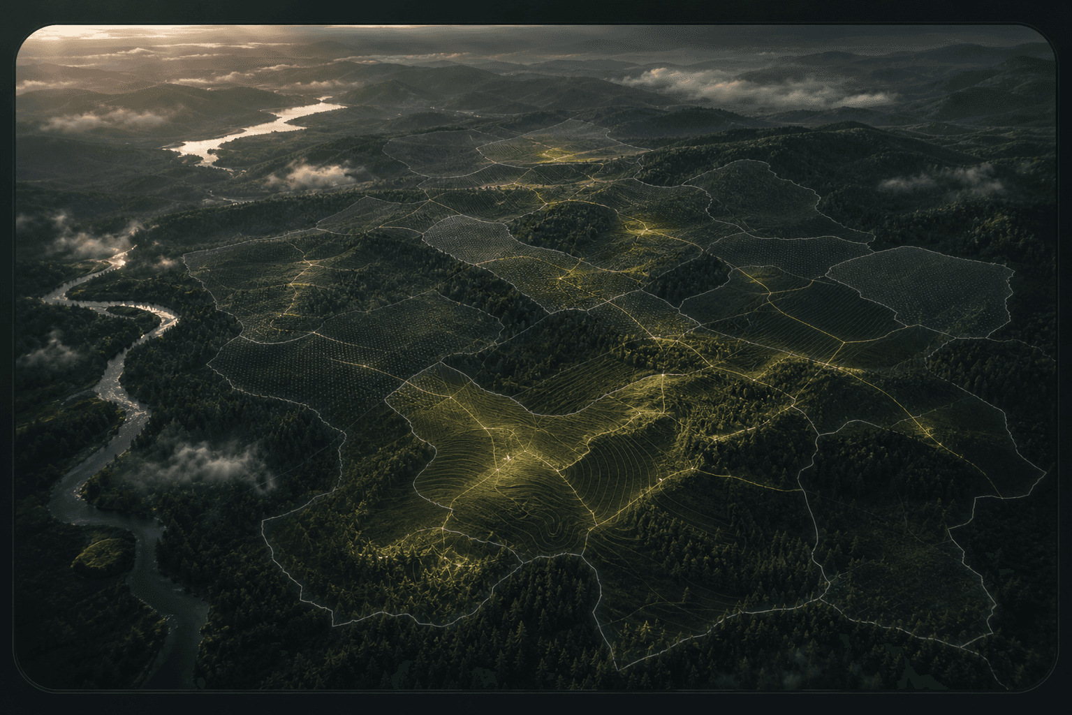 Generated visual Forest OS с большой лесной территорией, контурами участков и единым рабочим контуром